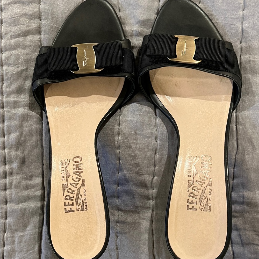 Salvatore Ferragamo Black Sandals with Gold Accent